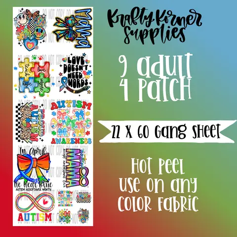 Autism DTF Transfer Print Gang Sheet - 22x60 in Hot Peel, Any Fabric Compatible Office Stationery Paper Supply (22 x 60 Size, Sheet Format)
