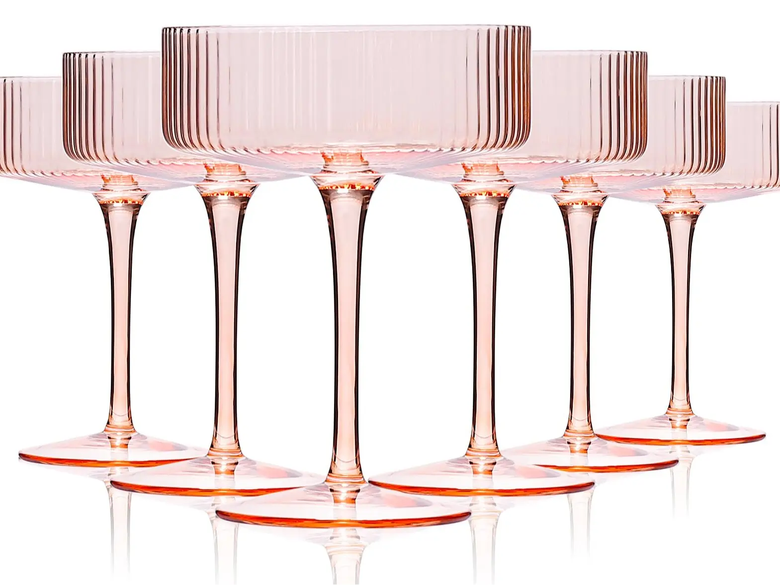 6-Piece Round Ripple Ribbed Durable Vintage Art Deco Light Peach Drinking Glasses Set - 9 oz Decorative Cocktail Kitchen Drinkware, Colored Glass Cups, Glass Beverage Cups