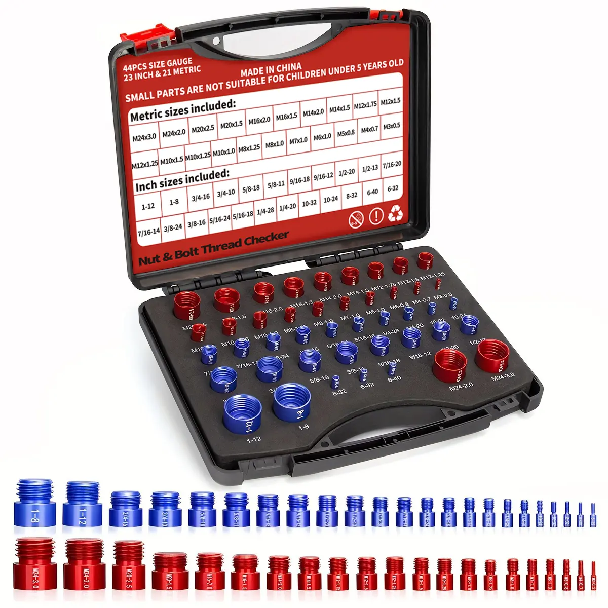 44/52Pcs Alloy Nut and Bolt Thread Inspector, Charge-Free Thread Gauge, Metric and SAE Size Identification Tool for Inspection of Fixed Bolts or Threaded Holes, Multi-Size Nut and Bolt Identifier with Ruler - Durable, Washable Aluminum Gauge