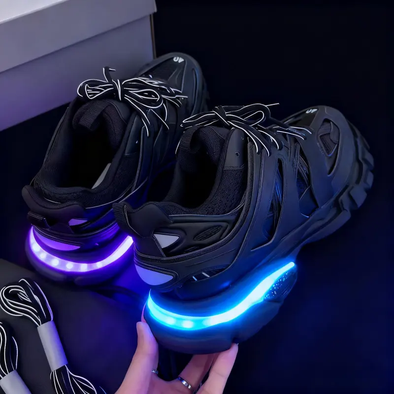 Retro Chunky Athletic Shoes in Track 3.0 Style with Light-Up LED Soles, Polyester & PVC Construction for Sports and Walking, Led Lights, Spandex, Cotton, Calico, Sporty Shoes, Running Breathable