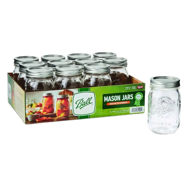 Ball Regular Mouth 16oz Pint Mason Jars with Lids & Bands 12 Count for Secure Storage & Ample Drink Capacity