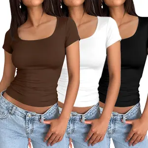 AUTOMET Women's 3 Pack short Sleeve Crop Tops Slim Fit Y2K Fashion Basic Layering Shirts Haze Blue White Black Minimalist Casual Korean Style Everyday Womenswear Short - Summer