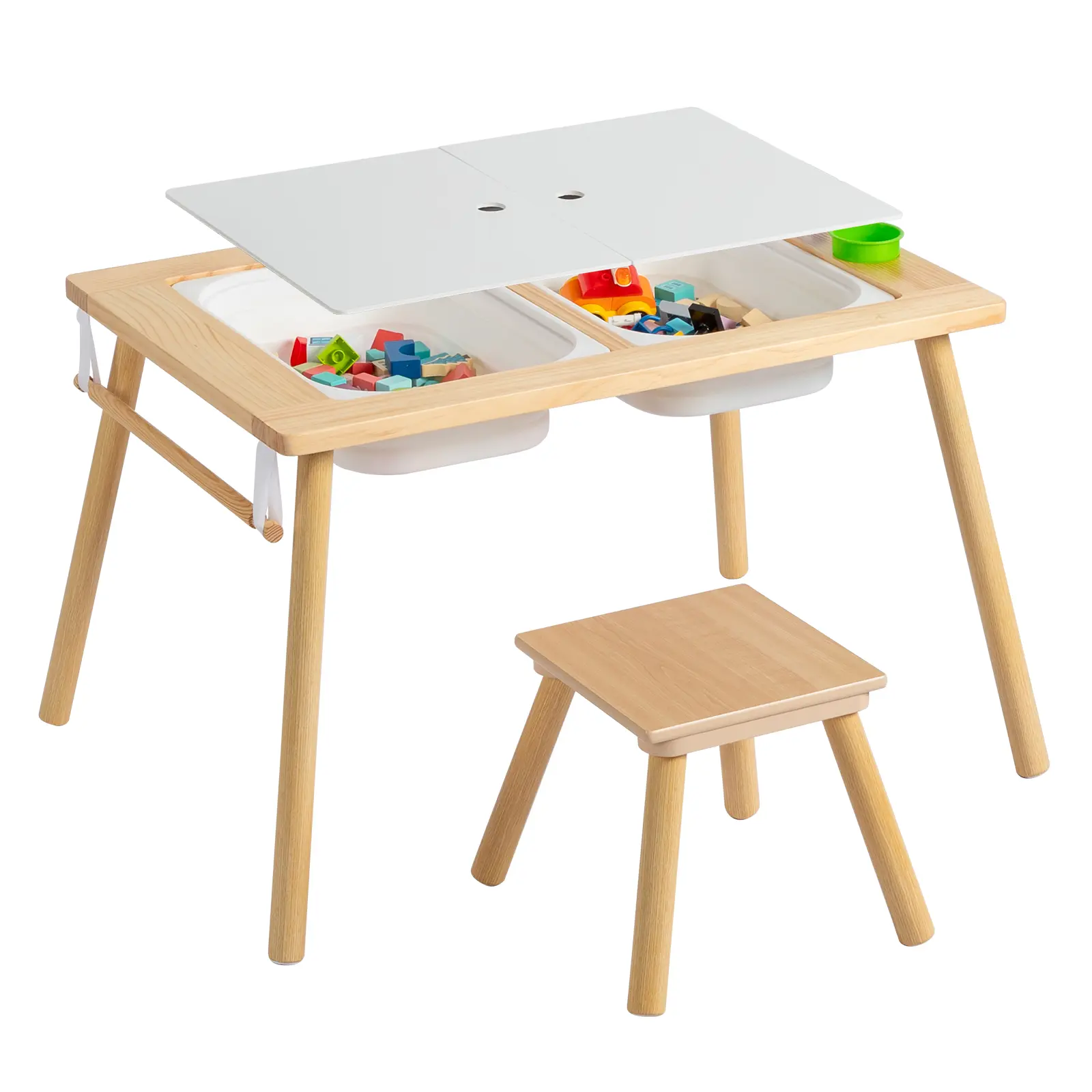 Sensory Table with Stool, Human Activity Table with 2 Storage Bins & 2 Pen Holders & Paper Roll, Multifunction Toddler Table for Play Study Dining Reading Arts Crafts, Wood