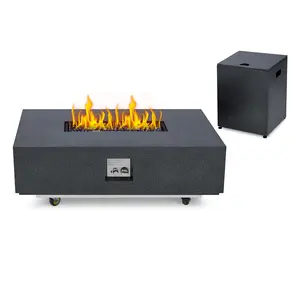 【GARVEE】Outdoor Fire Table, 48 inch Rectangle Propane Gas Fire Pit Table, 50,000 BTU Modern Firepit with 16 inch Tank Cover Side Table, Wind Guard, Fire Glass, Rain Cover