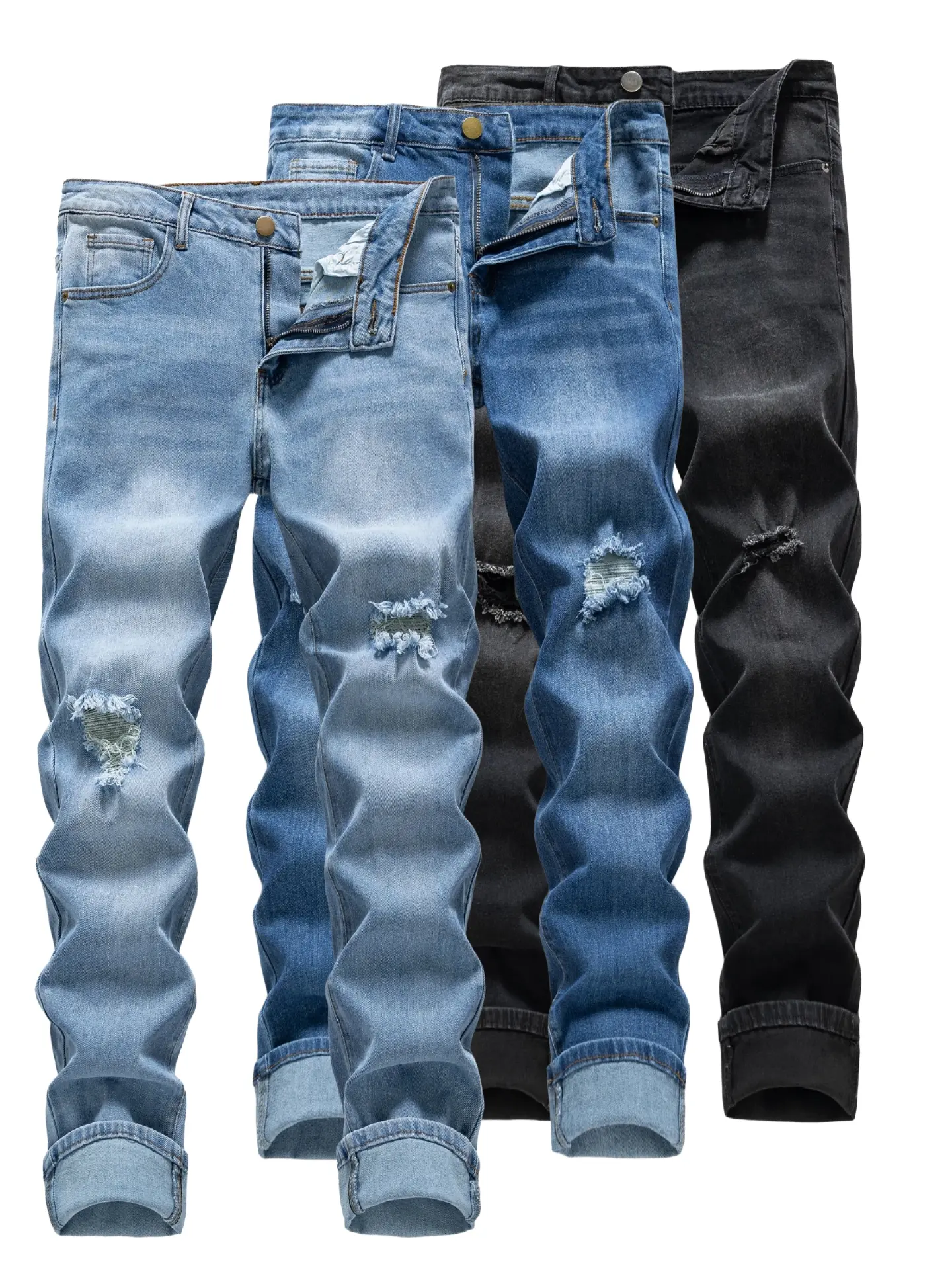 Men’s Distressed Ripped Jeans, Straight Leg Relaxed Fit Denim Pants, Medium Wash Casual Streetwear Trousers for Daily Wear and Weekend Outfits