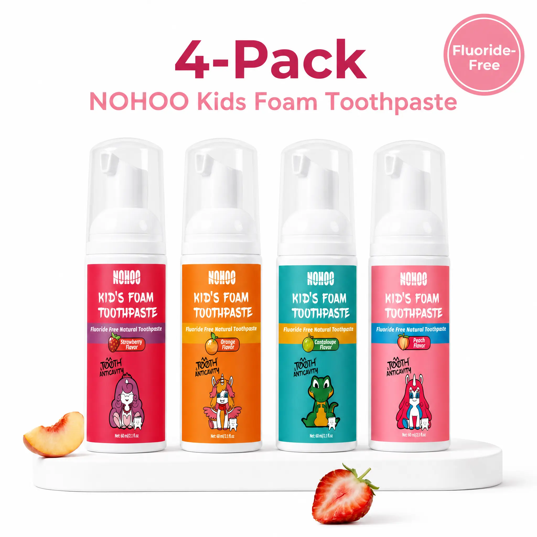 NOHOO 4-Pack Kids Foam Foaming Toothpaste Toddler Training Fluoride Free Mousse Oral Care 4 Fruity Flavors Strawberry Peach Orange Cantaloupe U-Shaped Brush Daily Care Gentle