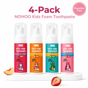 NOHOO 4-Pack Kids Foam Foaming Toothpaste Toddler Training Fluoride Free Mousse Oral Care 4 Fruity Flavors Strawberry Peach Orange Cantaloupe U-Shaped Brush Daily Care Gentle
