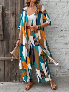 Fashion Women's 2-Piece Set, Geometric Print Mid-Length Cardigan and Straight Leg Pants, Casual Summer, Stylish and Comfortable, Womenswear