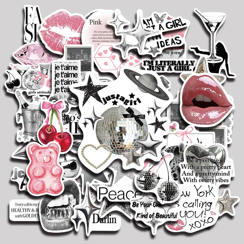50PCS Silver Lucky Girl Aesthetic Vinyl Decorative Stickers, Self-Adhesive Sticker Pack for Planner, Journal, Notebook, Laptop, Phone Case, Water Bottle, Scrapbooking and Office Supplies