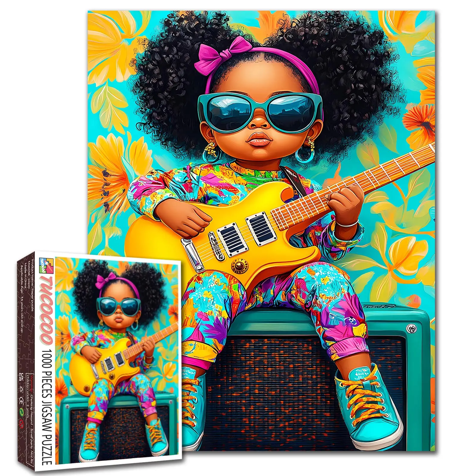 Tucocoo Funky Guitar Girl Pop Art 1000 Pieces Jigsaw Puzzle, colorful afro kid with sunglasses playing electric guitar floral background, relaxing family game, stress relief, brain challenge, wall decor art, gift for adults seniors 27.5x20inch 70x50cm, St