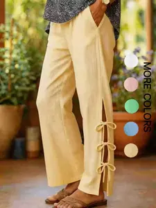 Cotton Linen Loose Fit Solid Color Elastic Waist Side Slit Tie Belt Casual Womenswear Pants, Comfortable, Aesthetic and Stylish Design, Perfect for Daily Wear