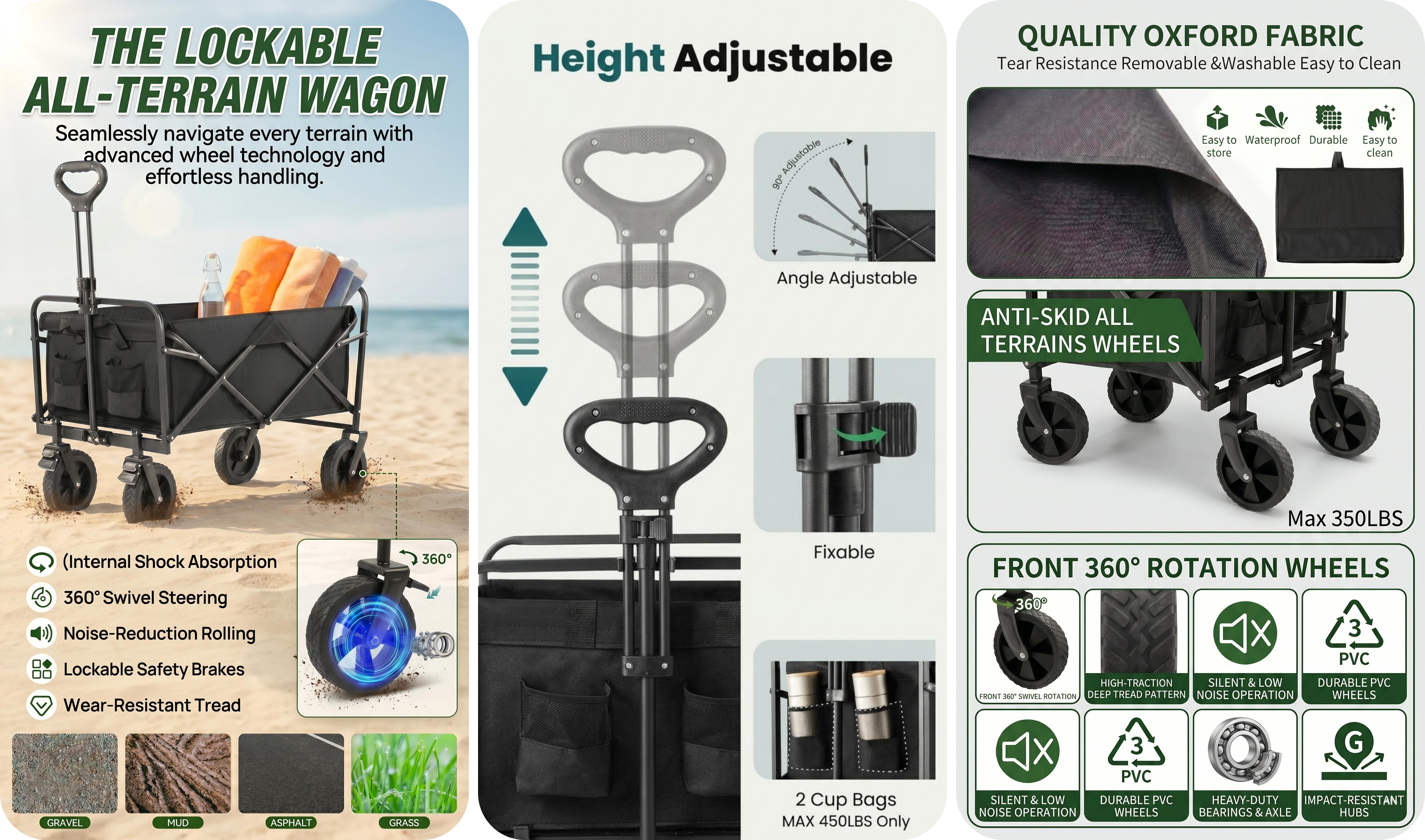 Heavy-Duty Folding Trolley Cart, Lightweight Adjustable Design for Camping & Soccer Fans, Waterproof Oxford, All-Terrain Tubeless Wheels with Brakes, 450 lbs Capacity, Mesh, Portable, Grocery Shopping Use