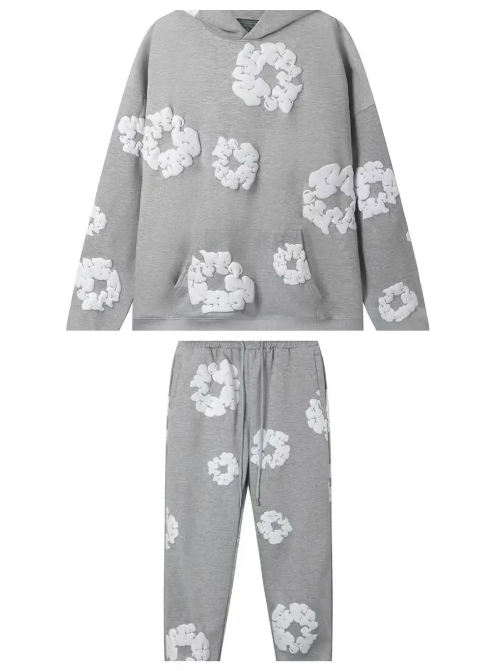 Men's & Women's Grey Puff Print Hoodie & Sweatpants Set - Denim Tears Style Loose Fit Streetwear Tracksuit with Kapok Flower Graphic for Fall Winter