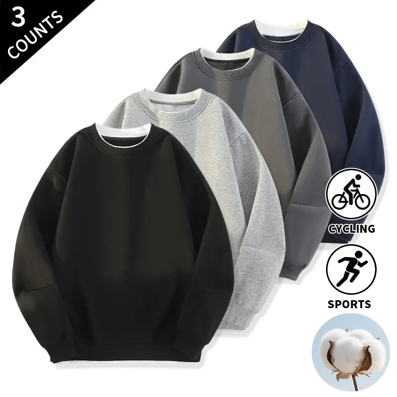 3-Pack Men’s Crew Neck Sweatshirts, Casual Long Sleeve Pullovers, Basic Solid Color Athletic Sweatshirts, Casual Basic Sweat Tops for Gym, Running, Outdoor, and Everyday Wear