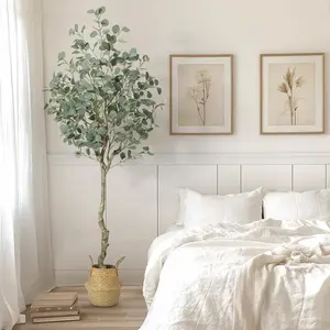 Eucalyptus Artificial Tree, Imitation Eucalyptus, Straw Pot Plant with Silver Dollar Leaves, Suitable for Living Room Bedroom Office Decoration 6FT+Straw pot Decorative Fruit Faux Ornaments