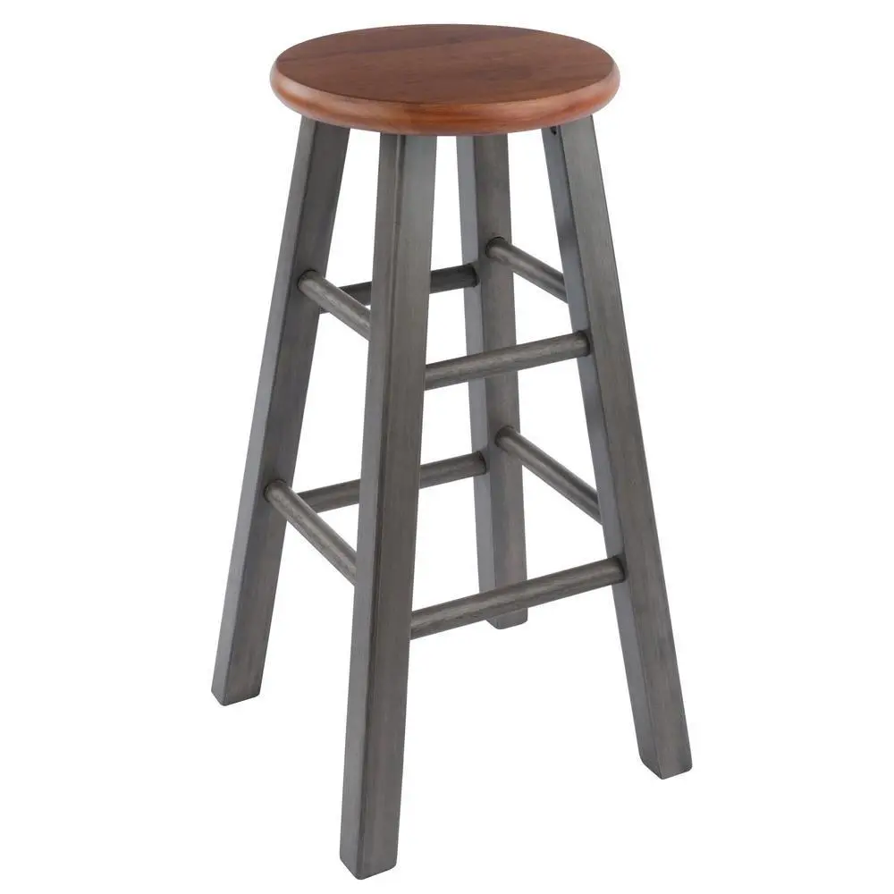 24" Height Solid Wood Bar Stool - Weathered Gray/Rustic Teak Finish, Single Person Bar Chair, Fully Assembled Indoor Furniture Chair
