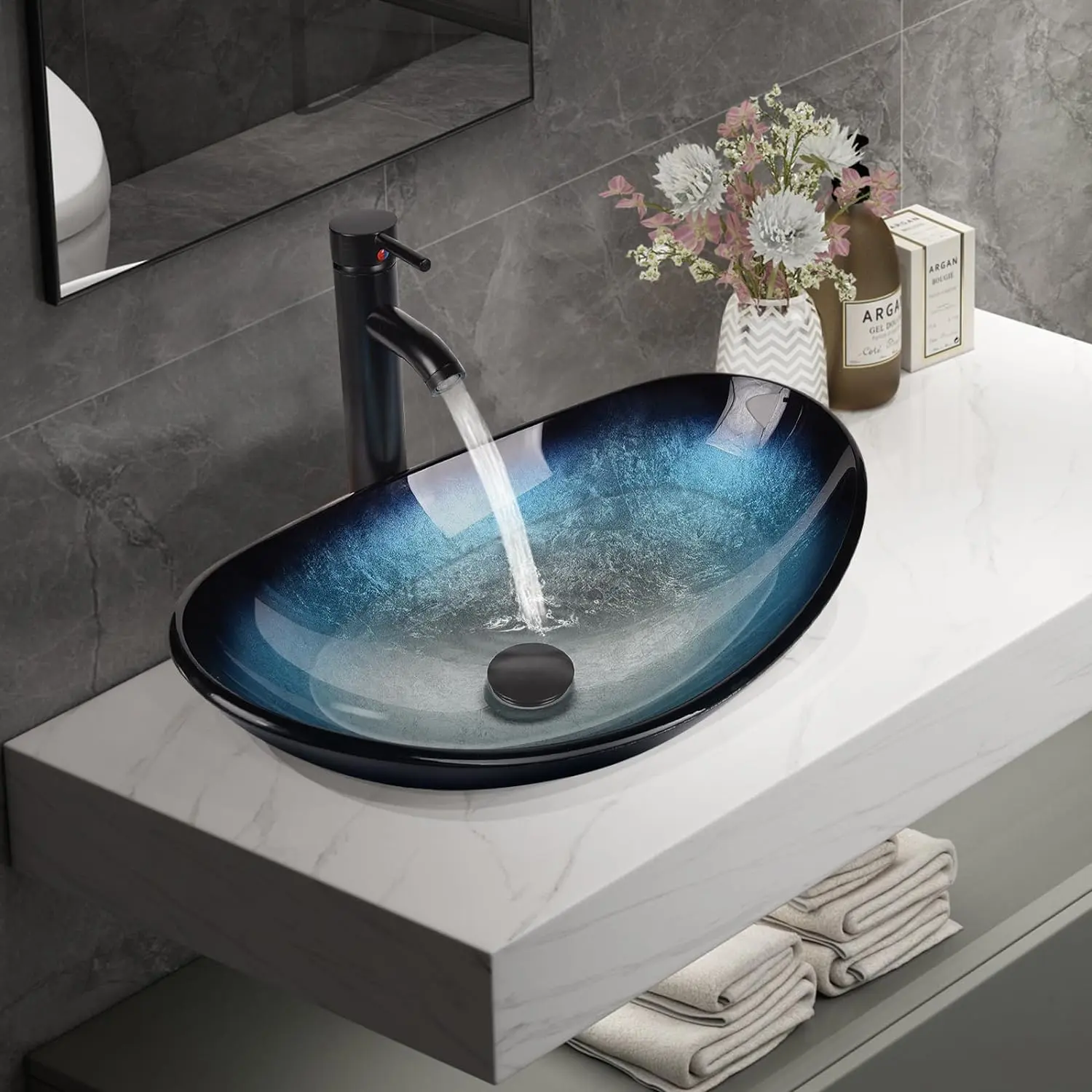 Stylish Oval Glass Basin Ocean-Blue & Silver Green GB0005 Stylish Oval Glass Basin Ocean-Blue & Silver Green GB0005