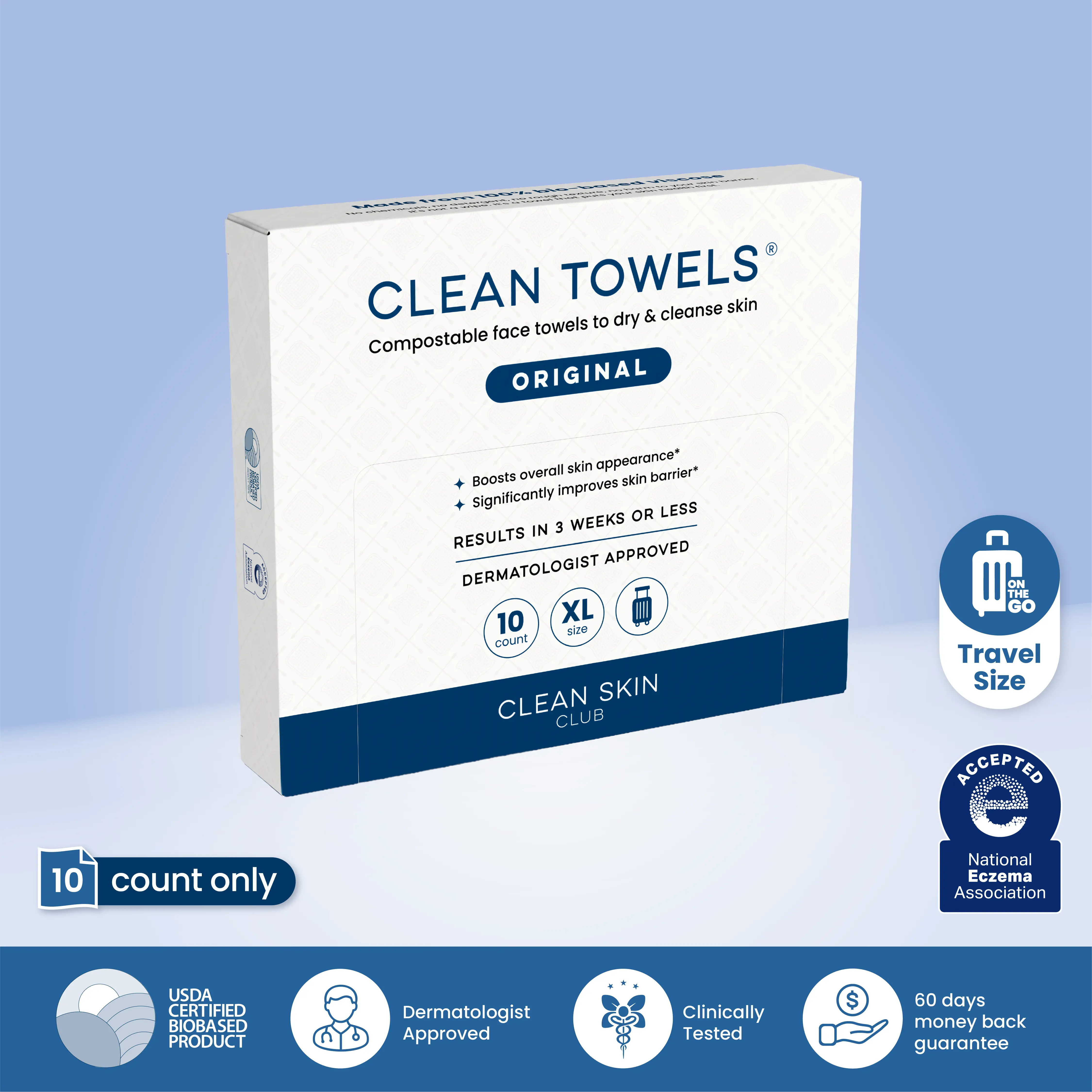 Clean Skin Club Clean Towels XL®, Travel Pack 100% USDA Biobased Disposable Face Towel, Eczema Association Accepted,Dry Wipes, TSA-Approved Travel Essential,1 Pack, 10 Ct Total