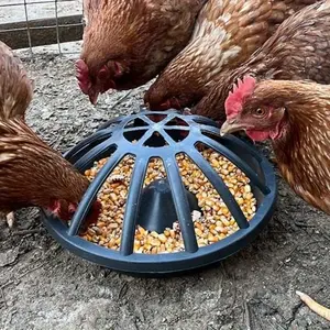 Durable Plastic Poultry Feeder for Chickens Ducks Geese, Non-Electric Easy Clean Round Feeding Tray with Safety Lid, Farm Backyard Use