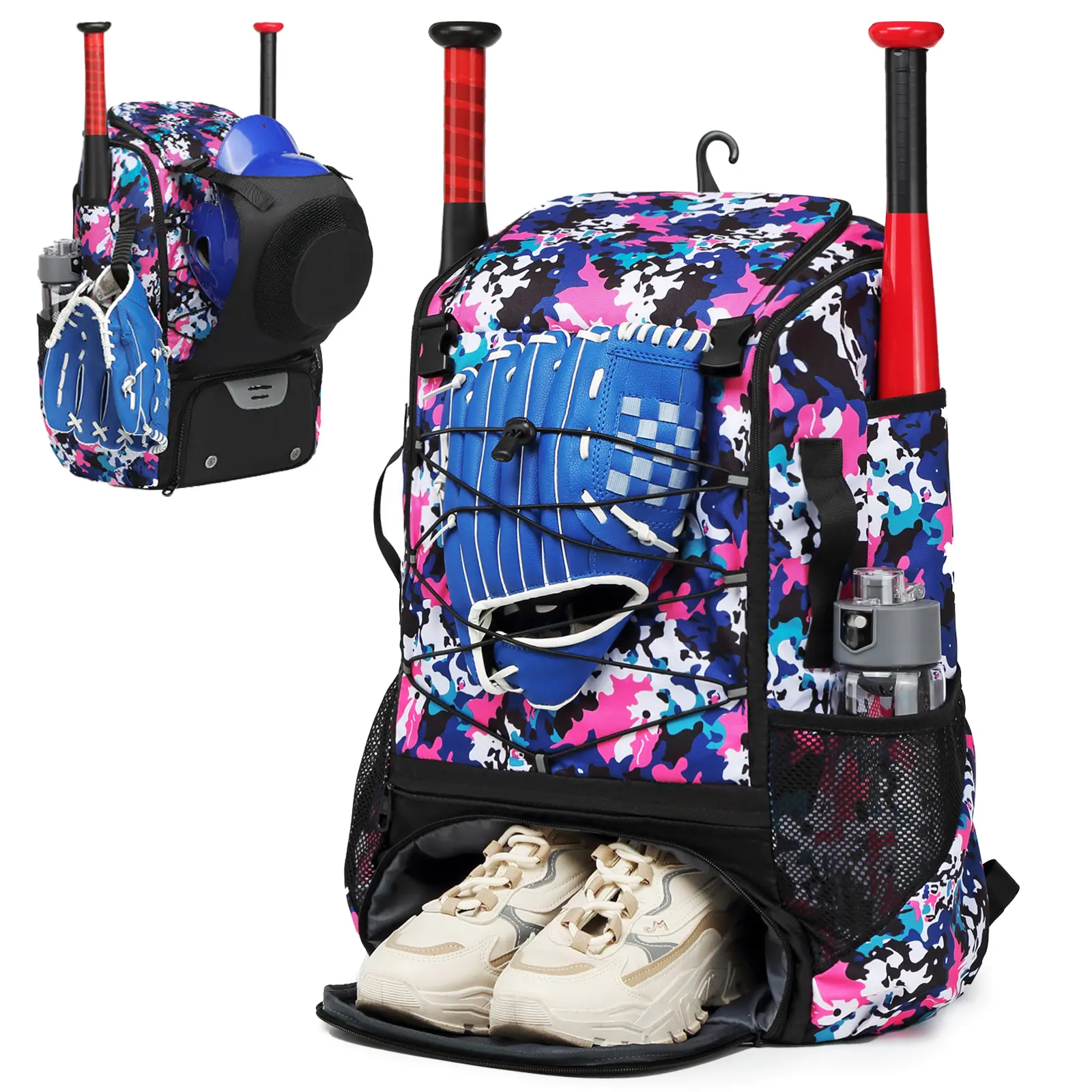 Youth Baseball & Softball Equipment Backpack - Large Capacity Multi-Functional Gear Bag with External Helmet Holder & Bat Sleeves