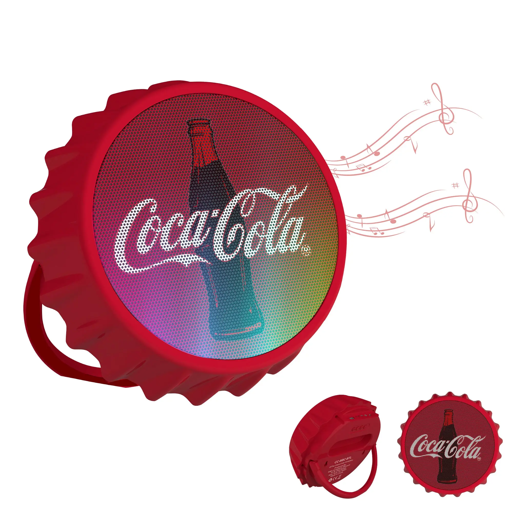 Coca-Cola Bottle Cap-Shaped LED Light Bluetooth Speaker - Rechargeable Wireless Audio Speaker, Portable Home Entertainment Device, Wall-Mountable, Kickstand, FM Radio