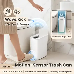 Summervibes Cesun Automatic Motion Sensor Bathroom Trash Can with Lid, 2.6 Gallon Touchless Trash Bin, Smart Plastic Slim Garbage Can Small White Wastebasket for Toilet, Office, rv, Bedroom, Living Room outdoorfun