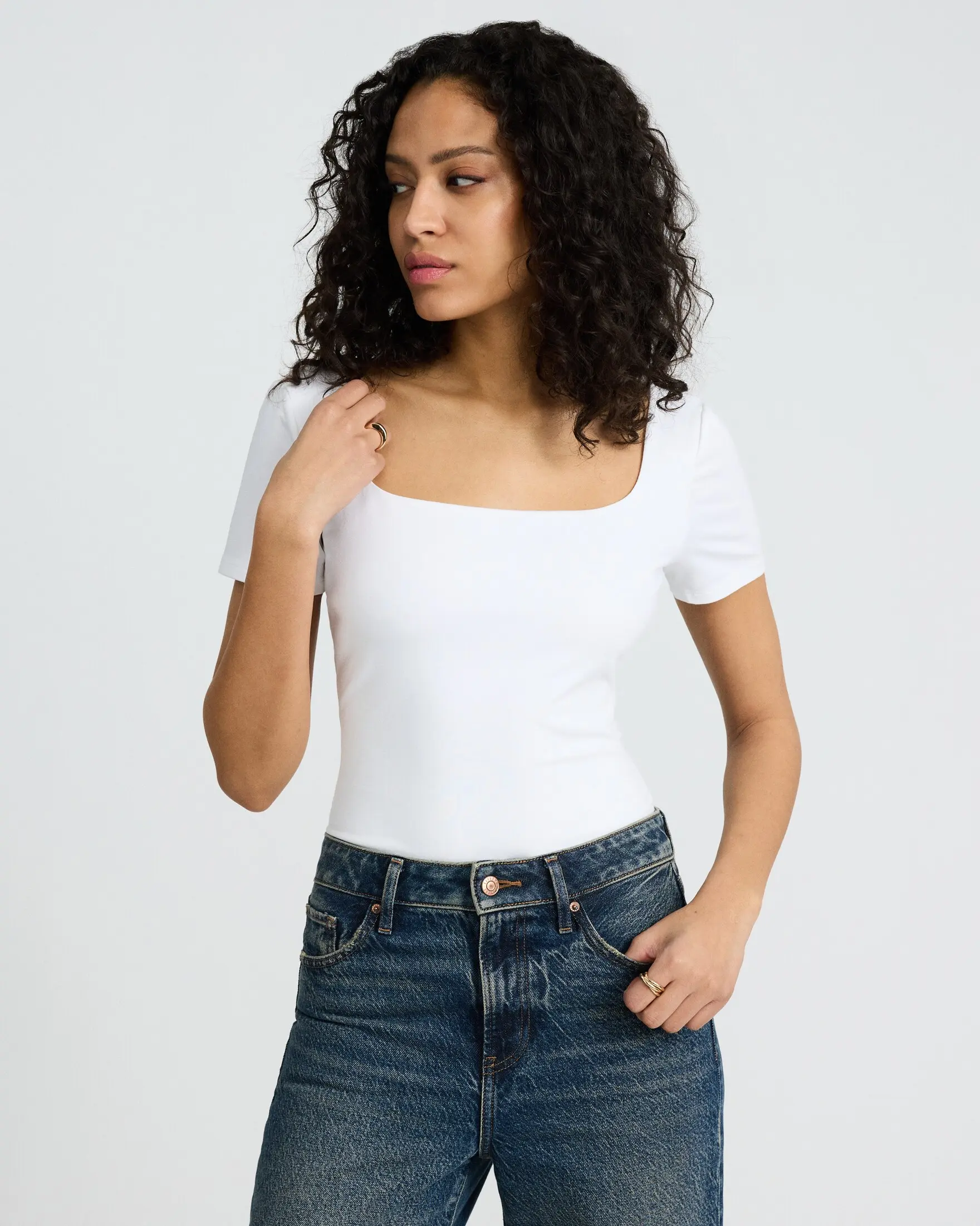 Express Body Contour Light Compression Stretch Cotton Square Neck Bodysuit