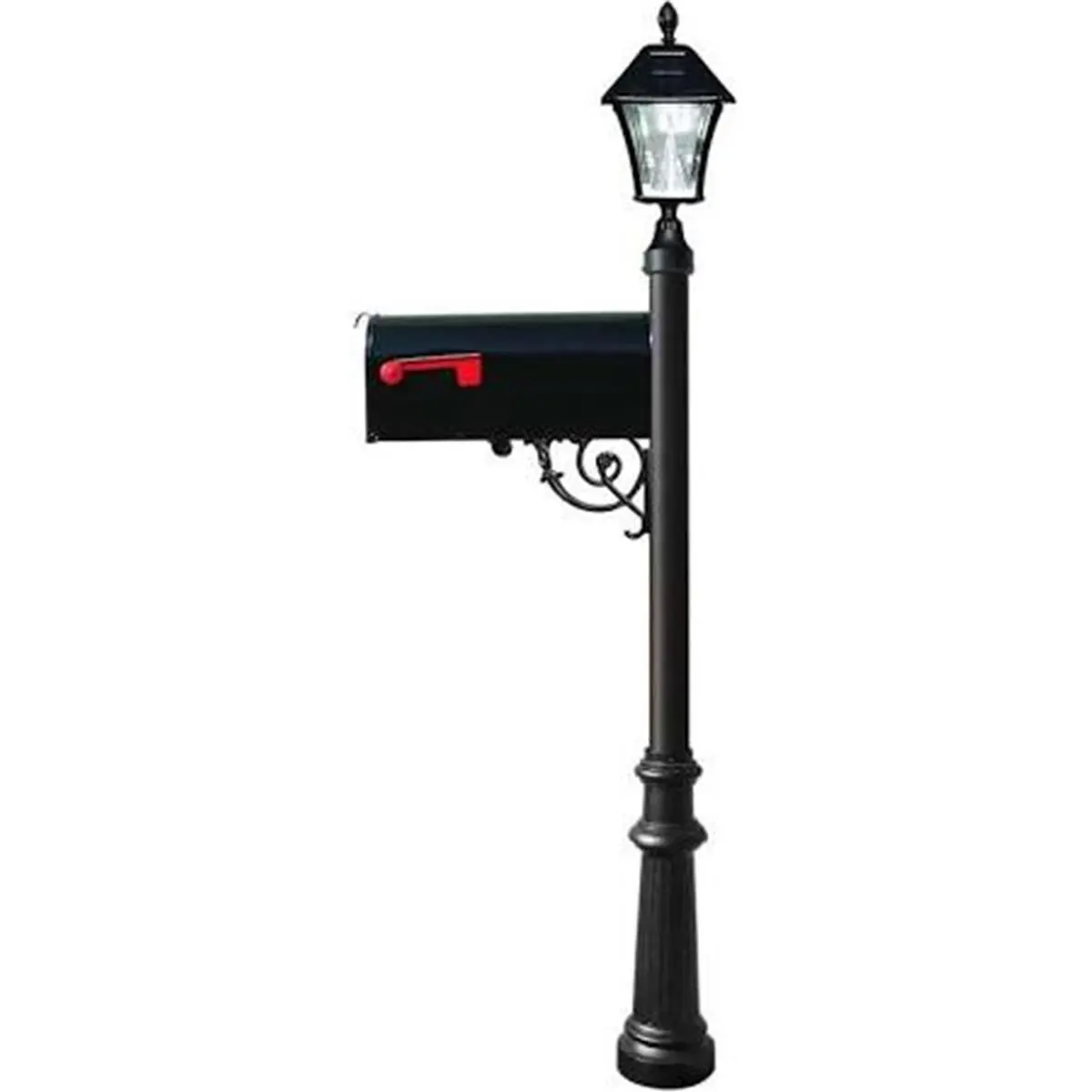 212 MAIN Lewiston E1 Economy Weatherproof Outdoor Mailbox & Post System - Galvanized Metal, Ornate Fluted Base, Black, with Efficient Solar-Powered Bayview LED Address Lamp, Patented Cone Reflector, 5' 2" H x 6.5" W x 19" D, 37 lbs