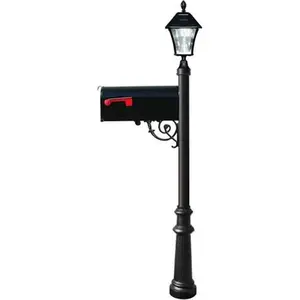 212 MAIN Lewiston E1 Economy Weatherproof Outdoor Mailbox System - Ornate Fluted Base, Bayview Solar Outdoor Address Light, Black