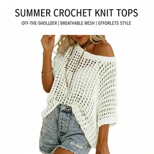 Womens Summer Scoop Neck Short Sleeve Sweater Casual Crochet Hollow Out Knit Tops Pullover Shirts Beach Coverup