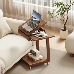 Solid Wood C Shaped End Table for Couch,Walnut C Table with Wheels,Small Side Table with Adjustable Desktop,Couch Desk with Storage,Rolling Tv Tray with Folding Shelf,Modern Bedside Table