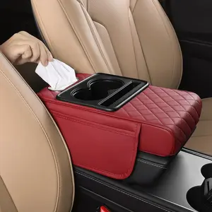 Multifunctional Leather Car Armrest Box Pad with Central Elbow Heightening Pad Storage Box Cup Holder Car Tissue Box Car Interior Accessories#Golden Autumn Freshness