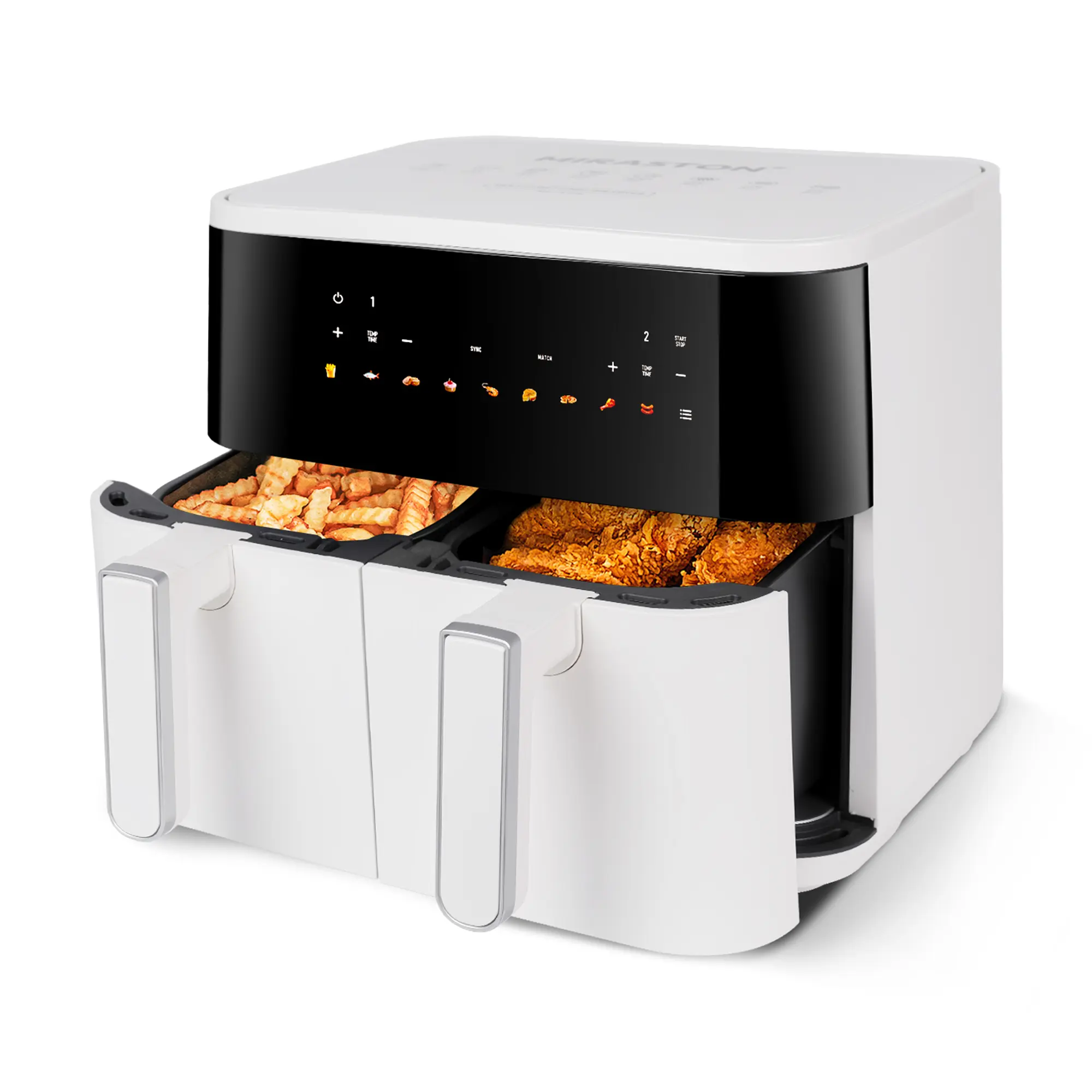 MIRASTON 10QT Dual Basket Air Fryer, 8-in-1 Smart Touchscreen with Sync Finish & Dual Zone Temp Control, 2 Separate Nonstick Baskets for Large Family, Aesthetic White for Any Countertop