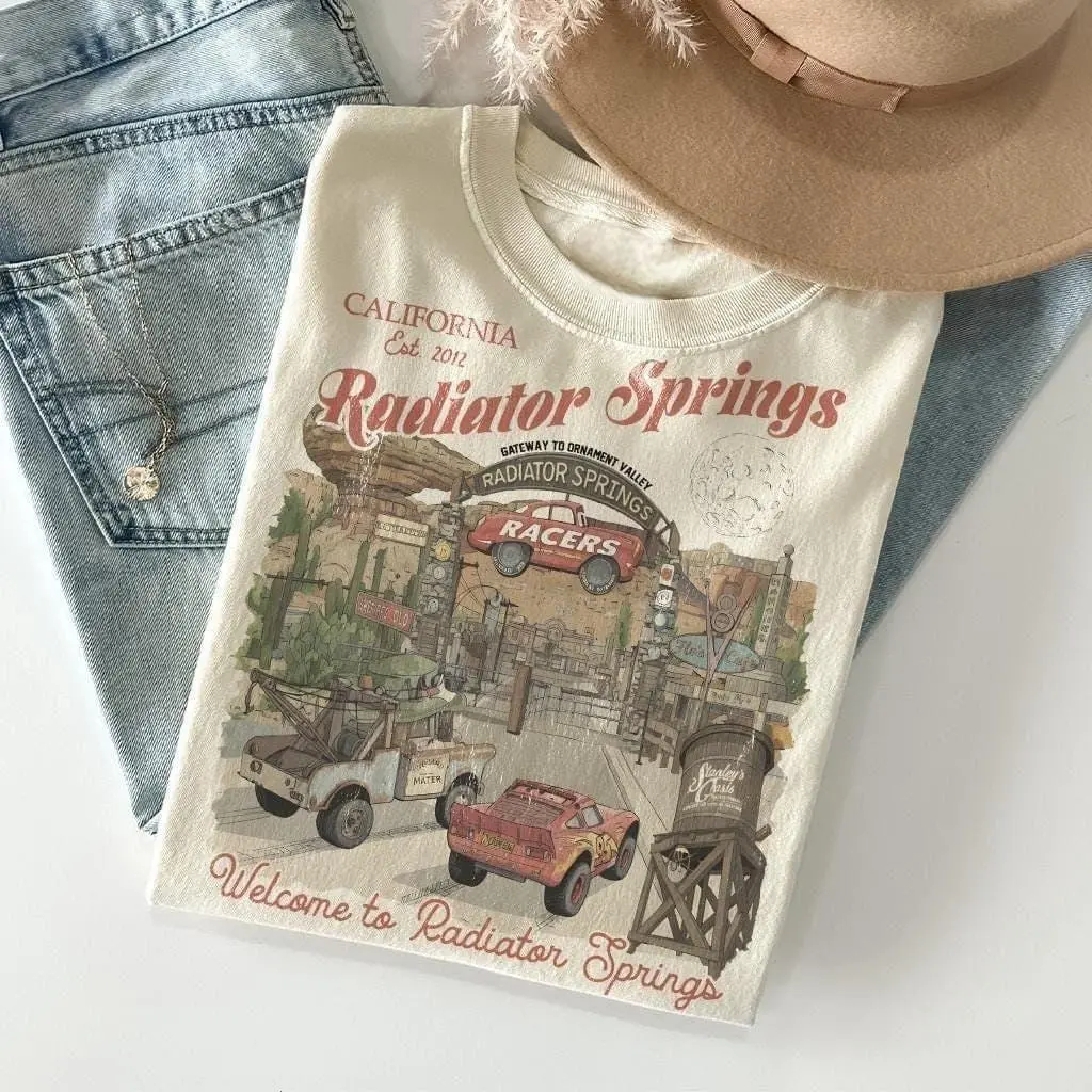 Women's Cotton Short-Sleeve Unisex Graphic Print Radiator Springs Tee - McQueen Lightning Queen Cars Design, 2026 Matching Family Vacation Trip, WDW Magic Kingdom Top
