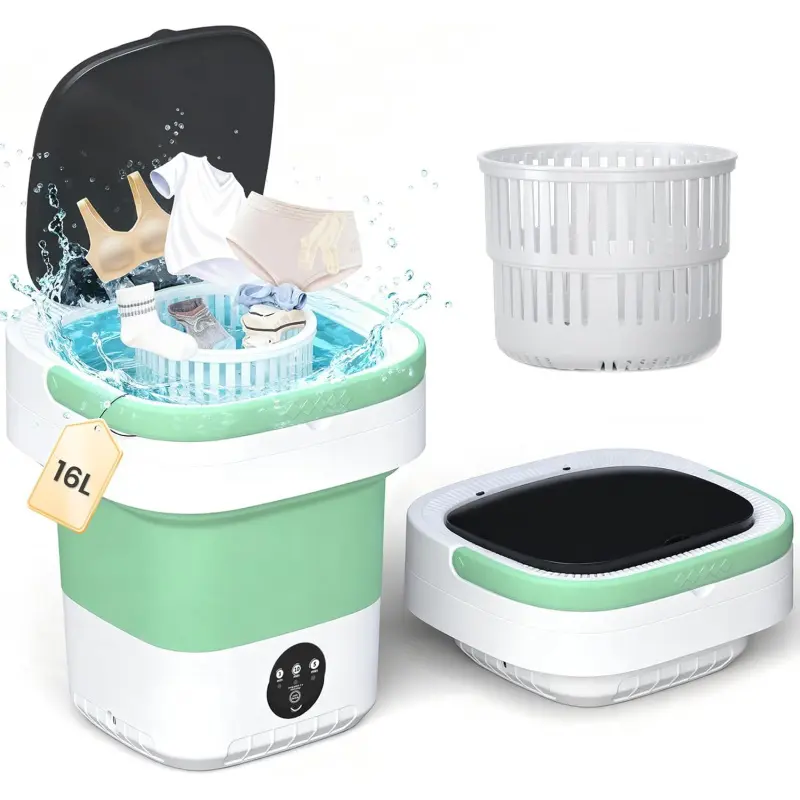 16L Portable Lightweight Mini Foldable Washing Machine - Collapsible Washer with Spin Basket, 3 Cleaning Modes & Deep Cleaning for Small Clothes, Ideal for Apartment, Travel (Green), Lightweight Washer, Mini Washing Machine