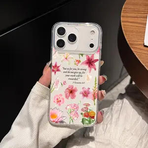 This pink floral design and Bible verse pattern TPU transparent phone case features a drop-proof and non-slip surface, and is compatible with iPhone 17, 16, 15, 14, 13, 12, 11, XS, X series, and other models. It makes a great gift for friends or family.