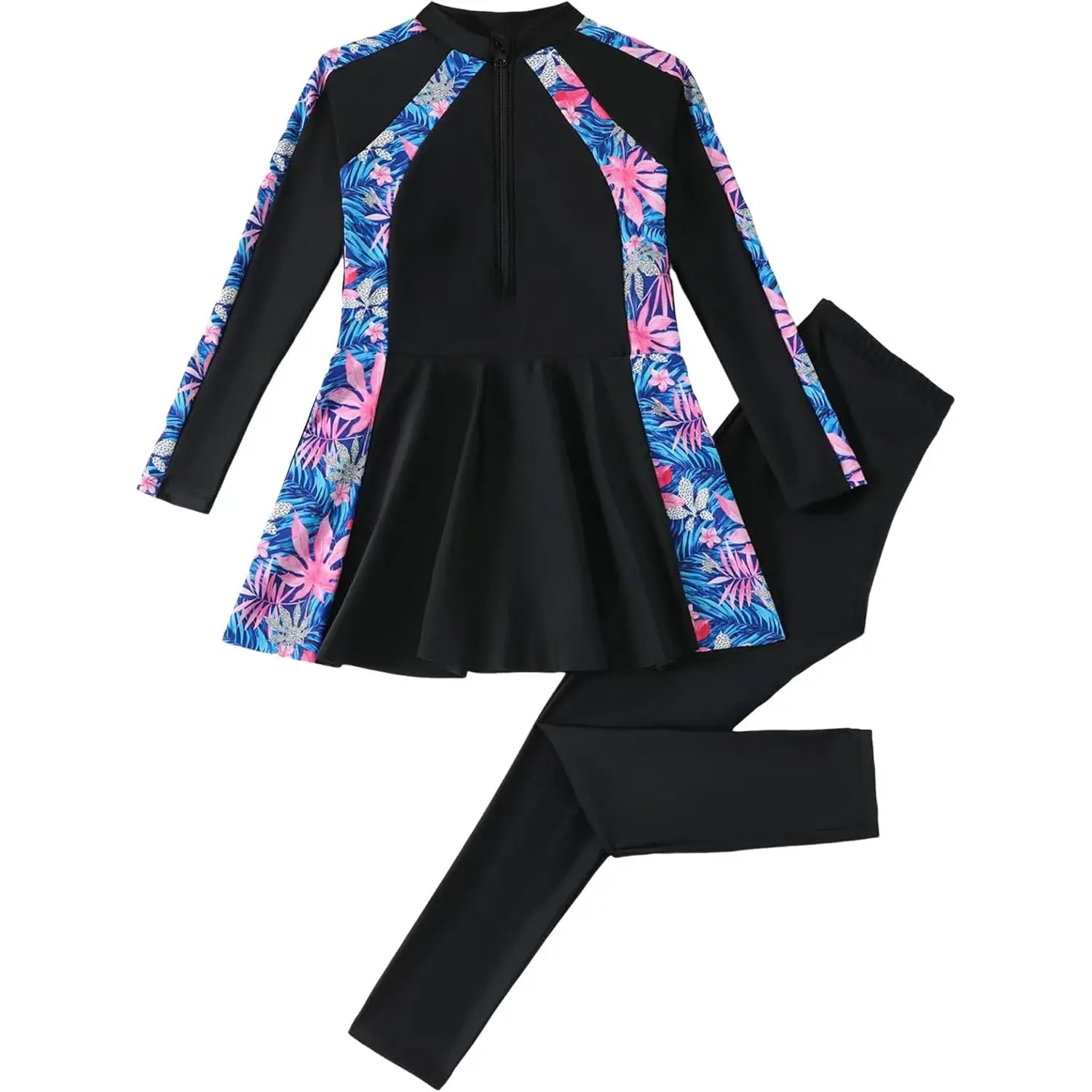 Muslim Kids Girls Long Sleeve Rash Guard Burkini Swimsuit - Sun Protection Two Piece Bathing Suit Set with Top Pants for Summer Beach Swimming