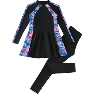 Muslim Kids Girls Long Sleeve Rash Guard Burkini Swimsuit - Sun Protection Two Piece Bathing Suit Set with Top Pants for Summer Beach Swimming