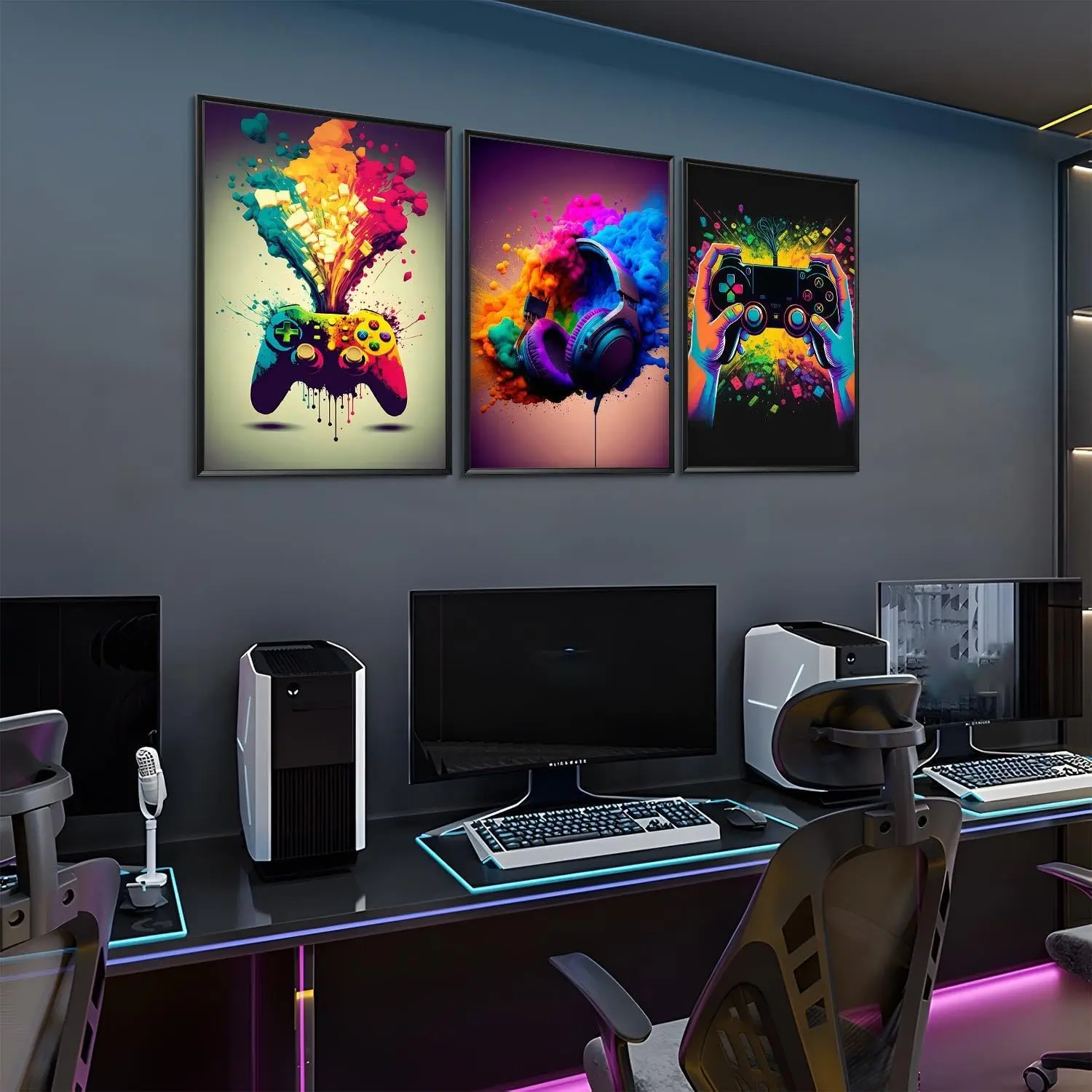 Gaming Room Decor Wall Art Set of 3 - Video Gaming Controller Gamer Wall Decor, Gaming Canvas Poster Wall Art Print Room Decor for Boys Room Kids Game Room Bedroom Unframed
