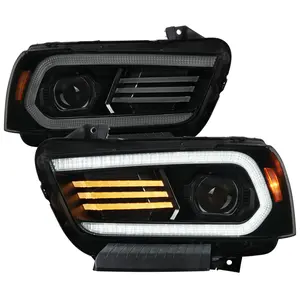 2011-2014 Dodge Charger HID Projector Headlights w/ LED DRL Light Strip Sequential Turn Signal and Side Marker  (Black Housing / Smoked Lens)