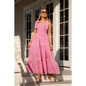 Pink Promenade Striped Tie-Shoulder Midi Dress