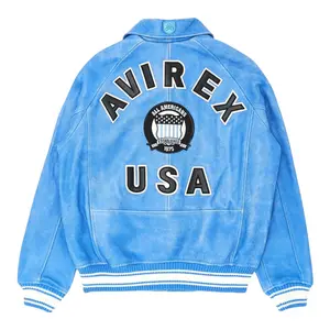 Avirex Icon Logo Leather Jacket Denim Blue Multi