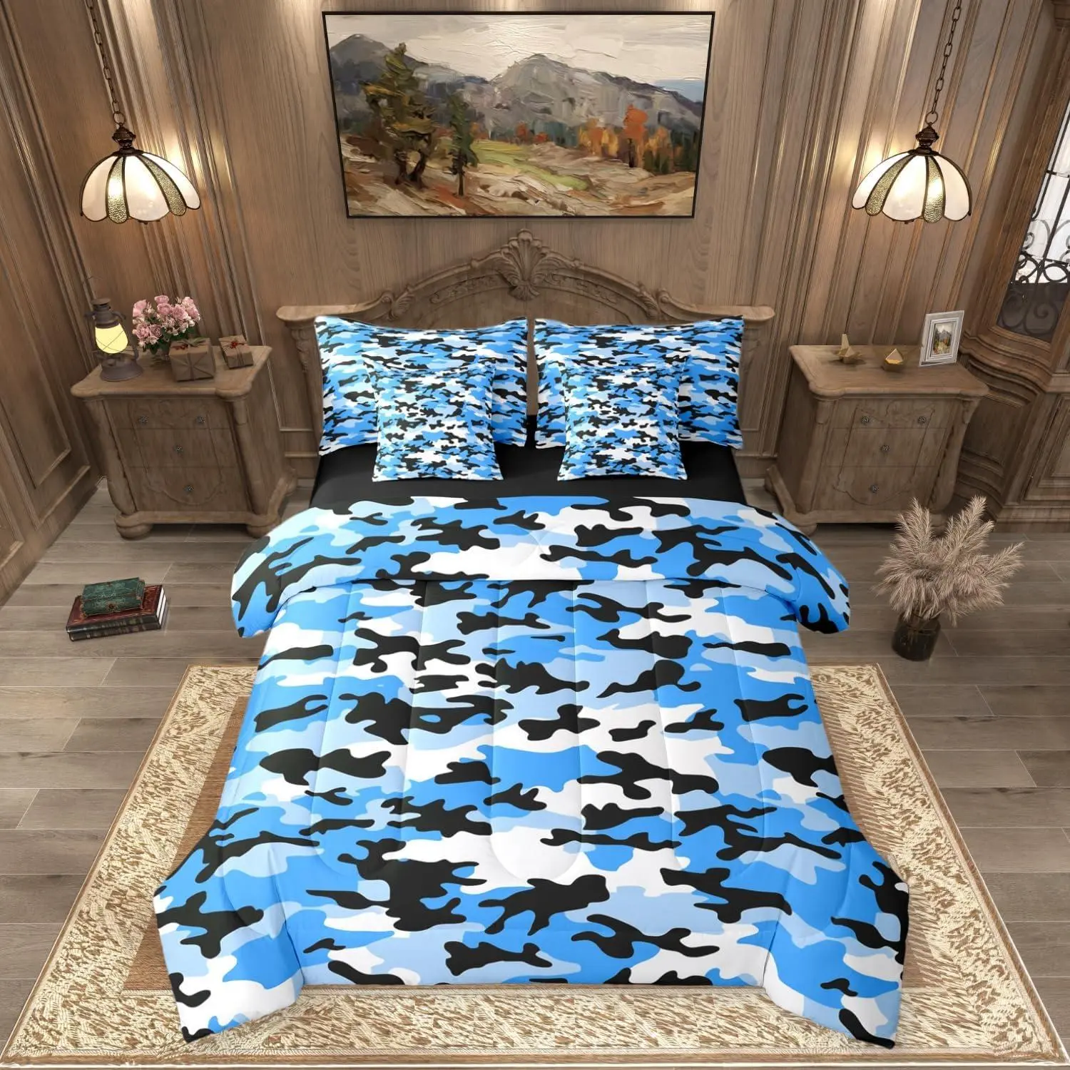 Feelyou 7-Piece Blue Camo Bedding Set - Microfiber Comforter, Military Tie-Dye Bag, Retro Army Themed Breathable Bedsheet, Cozy Setup for Girls, Bedsheet Sets, Camo Print Collections, Bedding Sets Collections