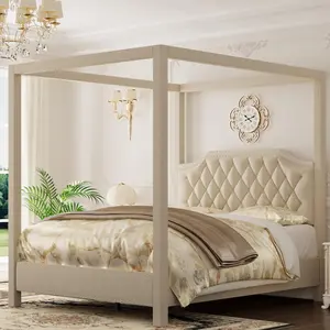 Upholstered Canopy Bed Frame with Nailhead Decor Headboard, 4 Corner Support Poles, Solid Wood Slats Support, Noise Free Platform Bed Frame No Box Spring Required
