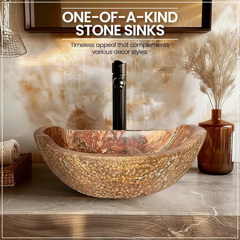 Natural Stone Sink - Rustic Travertine Marble - Hand Carved Vessel Sink - Vanity Bathroom Sink - Handmade