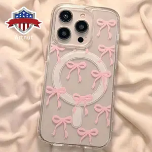Girly Bow Pattern Magnetic Phone Case for iPhone 17 Air 16 Pro Max 15 16E 14 Plus 13 12 Mini 11 Promax X XS XR XSMax Non-Yellowing Clear Crystal Drop-Proof Slim Silicone Shockproof Transparent Acrylic Cover Supports Wireless Charging.