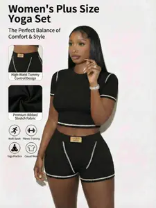 Women's Two-Piece Ribbed Sportswear Set, Yoga Wear, Premium Ice Silk Knit, Non-Transparent, Cool & Breathable, Elastic Fit, High Waist Shorts