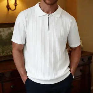 Men's Ribbed Knit Zip Polo Shirt | Summer Casual Short Sleeve Golf Top, Classic Fashion Streetwear