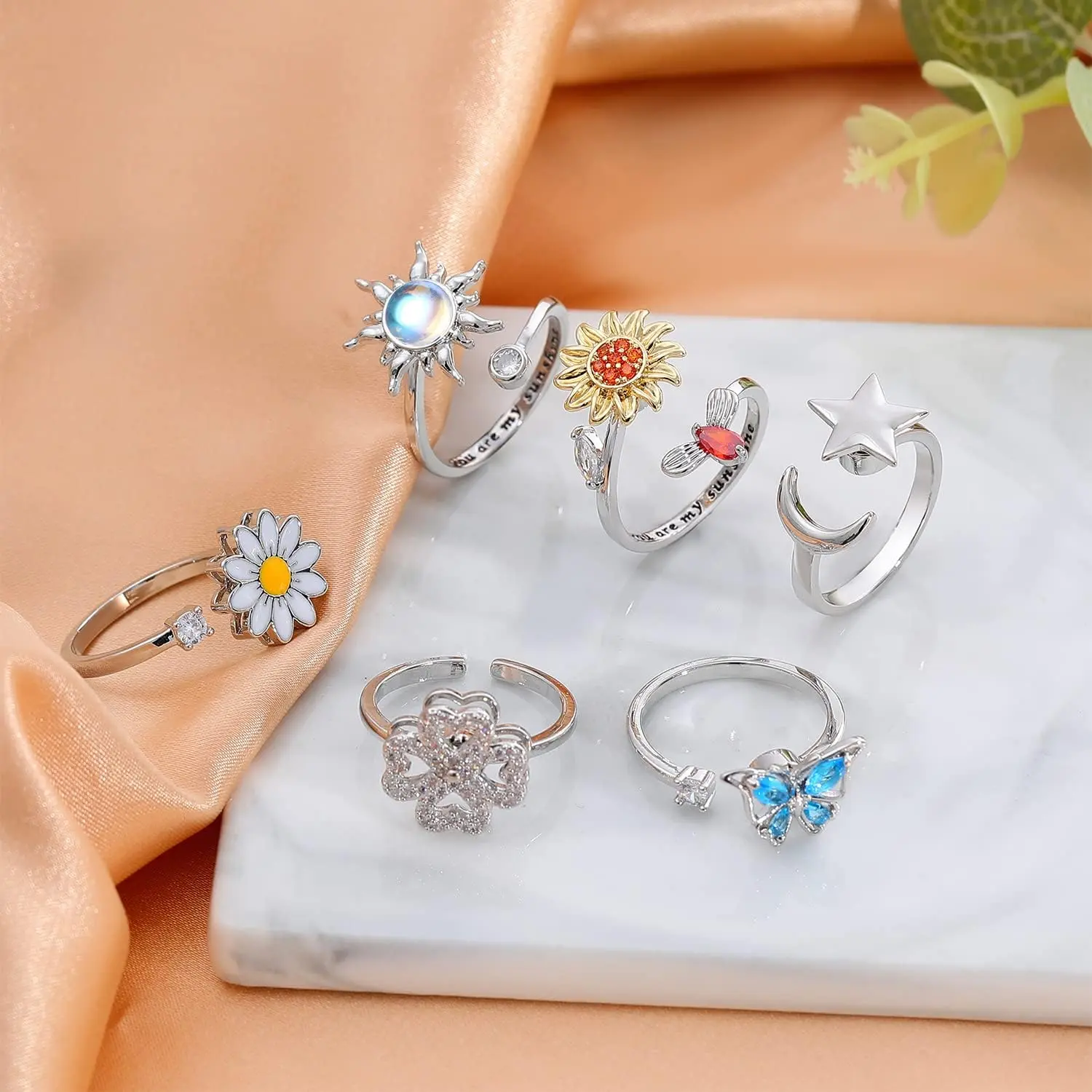 *FRC8 Fidget Anxiety Rings for Women Adjustable Spinner Fidget Rings for Anxiety You Are My Sunshine Spinner Ring Butterfly Sunflower Moon Star Stress Relief Stackable Rings Set