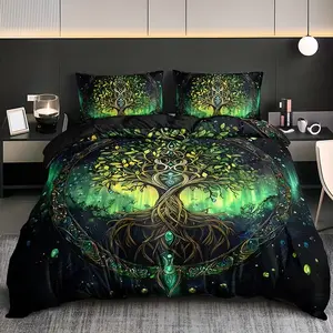 3pcs Life Tree Mystical Light Bedding Set (1 Fitted Sheet + 2 Pillowcases), High-Definition Nordic Style Universe Tree Texture